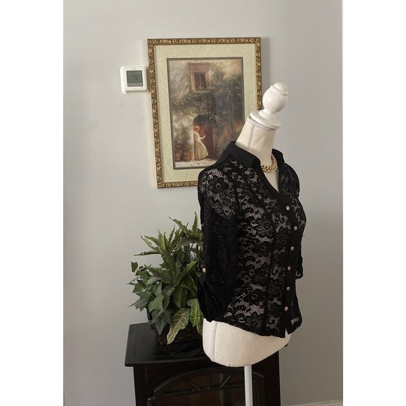 Women SM d.n.a. Couture Blouse 3/4 Tab Roll Sleeves Black Lace Open Front Button - Picture 4 of 8